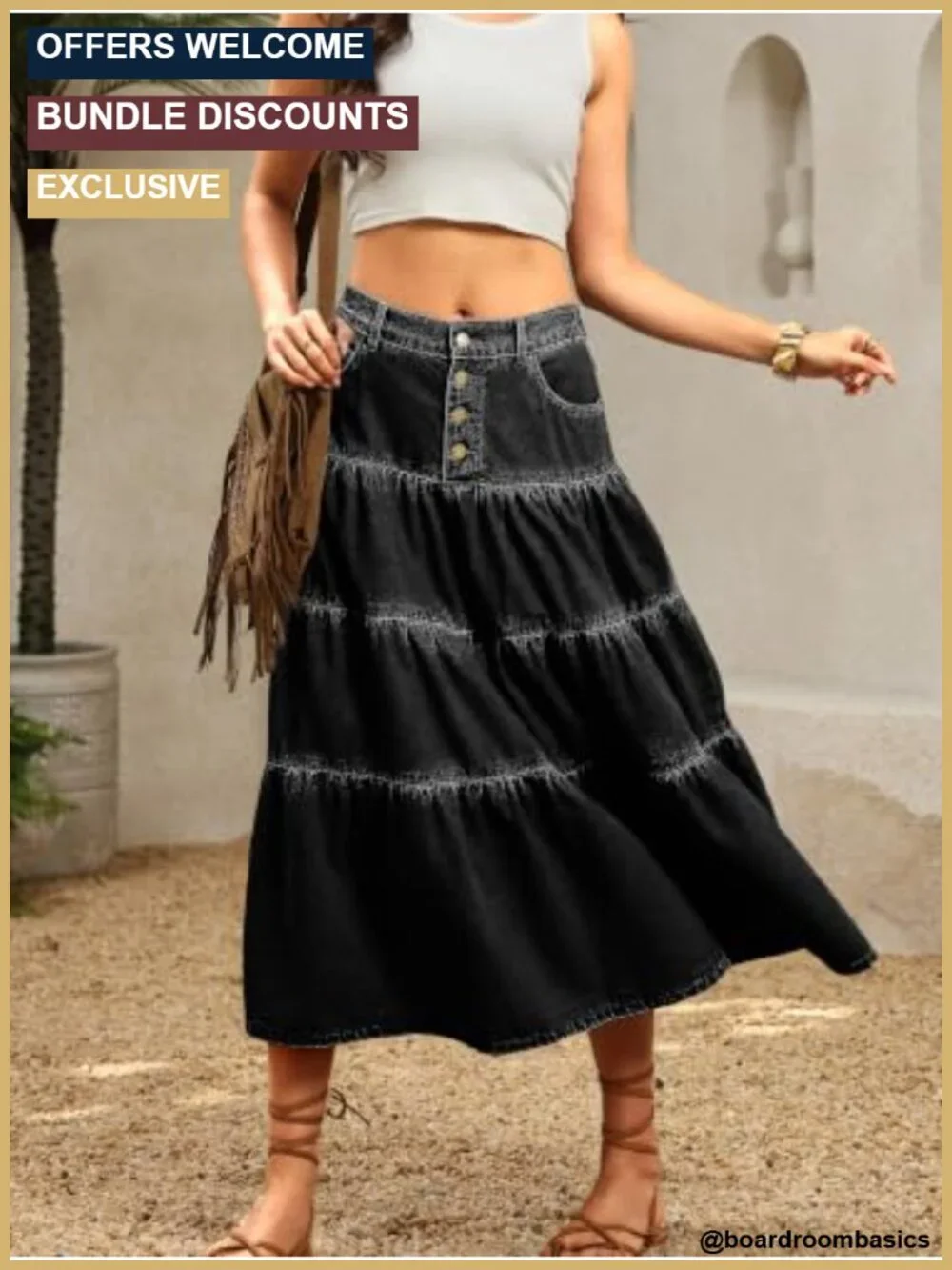 Tiered A-Line Denim Maxi Skirt - High Waist Button Front Flowy Boho Ruffle